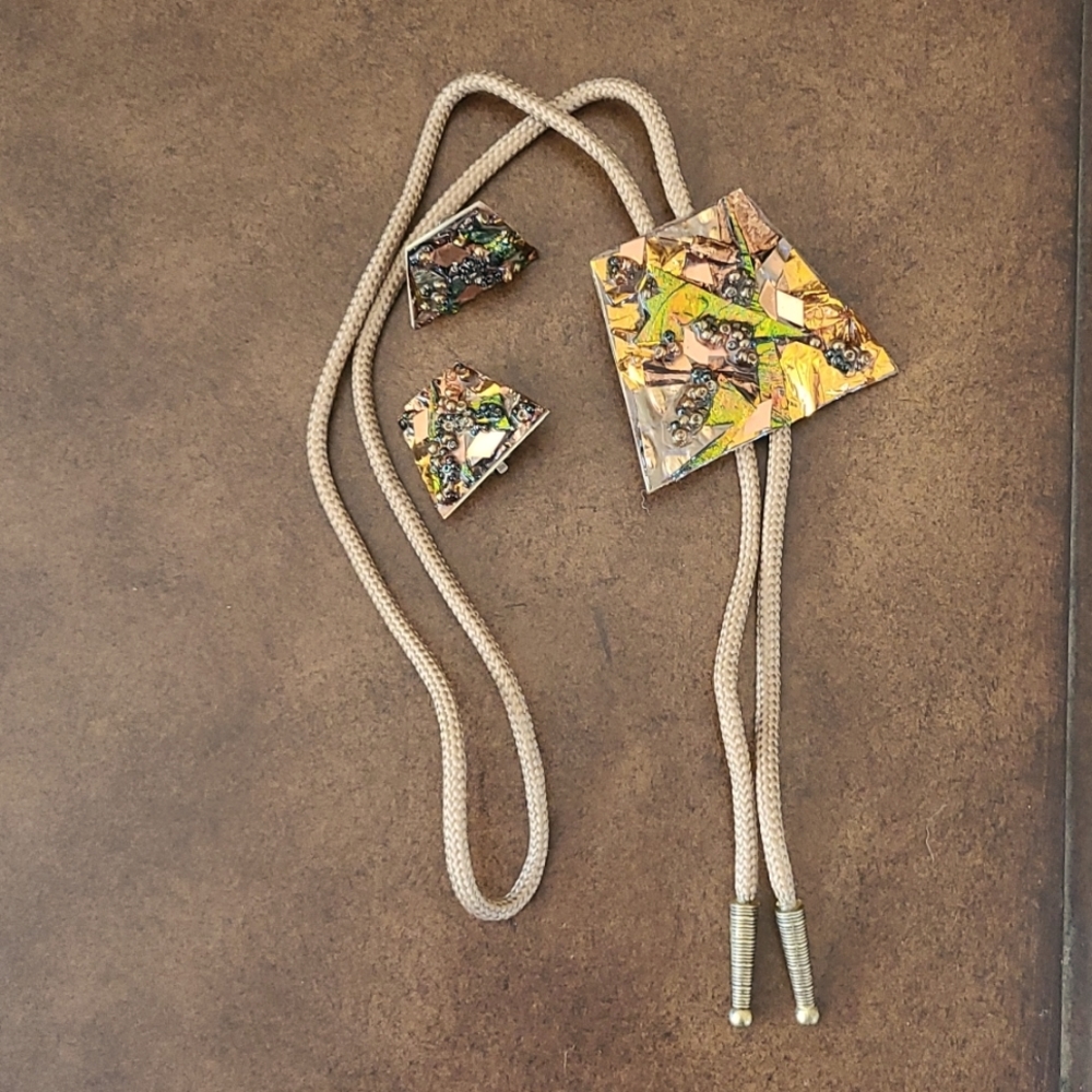 Unique decoupage bolo tie & earrings!